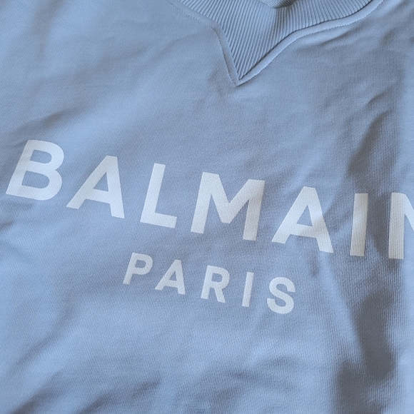 Balmain 3 Gold Button Logo Text Cropped Sweatshirt Size L Blue - Picture 7 of 14
